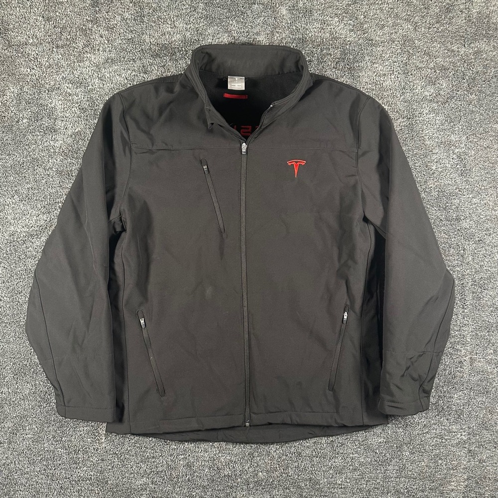 Tesla Jacket Mens Large Black Softshell Full Zip Fleece Lined Logo EV Space X